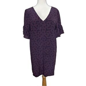 Madewell Silk Navy and Pink Floral V-Neck Mini Shift Dress - Women 10 - Coquette